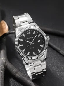 Rclock Đồng hồ thạch anh 1 mảnh nam đeo tay tròn ngày và 1 mảnh vòng tay - Bạc - Xem 3