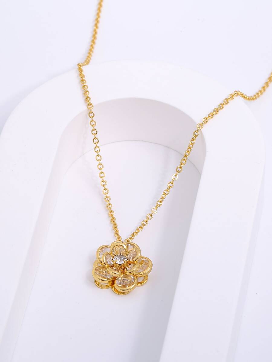 Cubic Zirconia Flower Charm Necklace - Yellow Gold - View 1