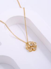 Cubic Zirconia Flower Charm Necklace - Yellow Gold - View 2