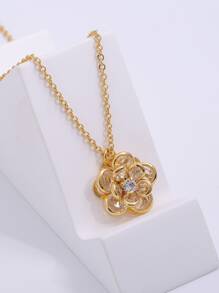 Cubic Zirconia Flower Charm Necklace - Yellow Gold - View 4