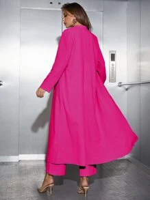 Modelyn Solid Button Front Tank Top & Wide Leg Trousers & Coat - Hot Pink - View 2
