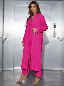 Modelyn Solid Button Front Tank Top & Wide Leg Trousers & Coat - Hot Pink - View 7