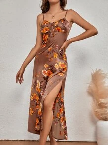 SHEIN SXY 印花前打結高衩緞面吊帶連衣裙 - 棕色 - 查看 4