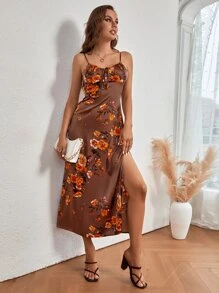 SHEIN SXY 印花前打結高衩緞面吊帶連衣裙 - 棕色 - 查看 6