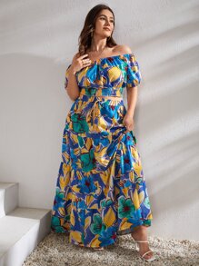 SHEIN VCAY Plus Floral Print Off Shoulder Shirred Top & Knot Ruffle Hem Skirt - Multicolor - View 2