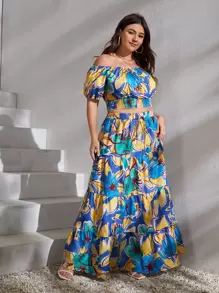 SHEIN VCAY Plus Floral Print Off Shoulder Shirred Top & Knot Ruffle Hem Skirt - Multicolor - View 3