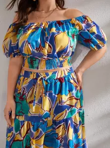 SHEIN VCAY Plus Floral Print Off Shoulder Shirred Top & Knot Ruffle Hem Skirt - Multicolor - View 4