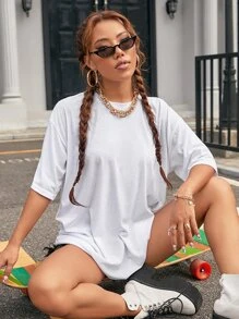 SHEIN LUNE Áo thun nữ màu trơn Cơ bản - trắng - Xem 1
