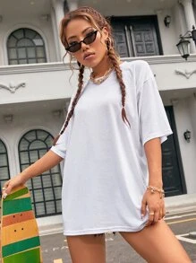 SHEIN LUNE Áo thun nữ màu trơn Cơ bản - trắng - Xem 4