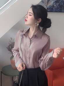 緞面前排扣襯衫 - 淡紫色 - 查看 3