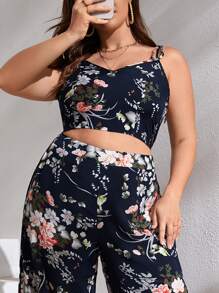 Plus Floral Print Cami Top & Split Thigh Trousers - Multicolor - View 3