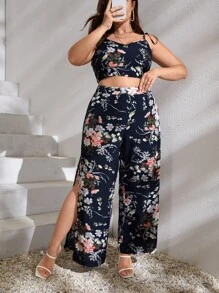 Plus Floral Print Cami Top & Split Thigh Trousers - Multicolor - View 5