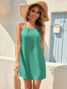 SHEIN VCAY Vestido de tirantes fruncido delantero - Verde - Ver 5