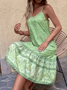 Floral Print Ruffle Hem Cami Dress - Green - View 4