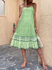 Floral Print Ruffle Hem Cami Dress - Green - View 5