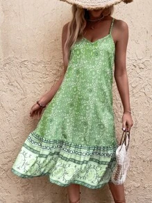 Floral Print Ruffle Hem Cami Dress - Green - View 6