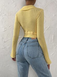 SHEIN Unity Nữ Cardigans Nút phía trước màu trơn Giải trí - Màu vàng - Xem 2