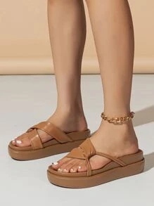 扭結裝飾厚底涼拖 - 棕色 - 查看 5