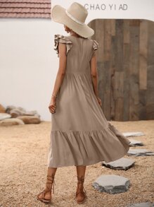 Butterfly Sleeve Ruffle Hem Dress - Khaki - View 2