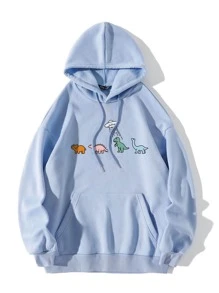 SHEIN Qutie Cartoon Graphic Drop Shoulder Drawstring Thermal Lined Hoodie - Blue - View 1