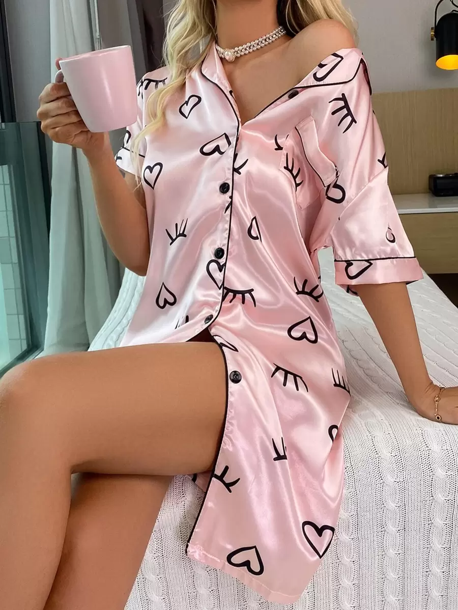 1 心形和睫毛印花撞色滚边缎面睡衣连衣裙 Luxeloungewear，Moo Moo 睡衣 - 淺粉色 - 查看 1