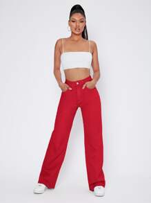 Vintage 90s High-Waist Denim Boyfriend Fit Jeans - Red - View 1