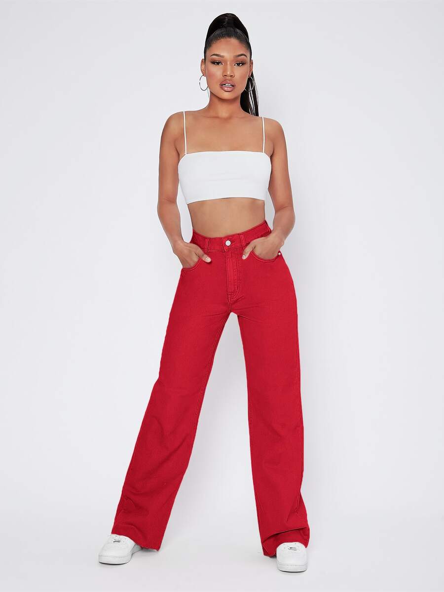 Vintage 90s High-Waist Denim Boyfriend Fit Jeans - Red - View 1