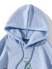 SHEIN Qutie Cartoon Graphic Drop Shoulder Drawstring Thermal Lined Hoodie - Blue - View 3