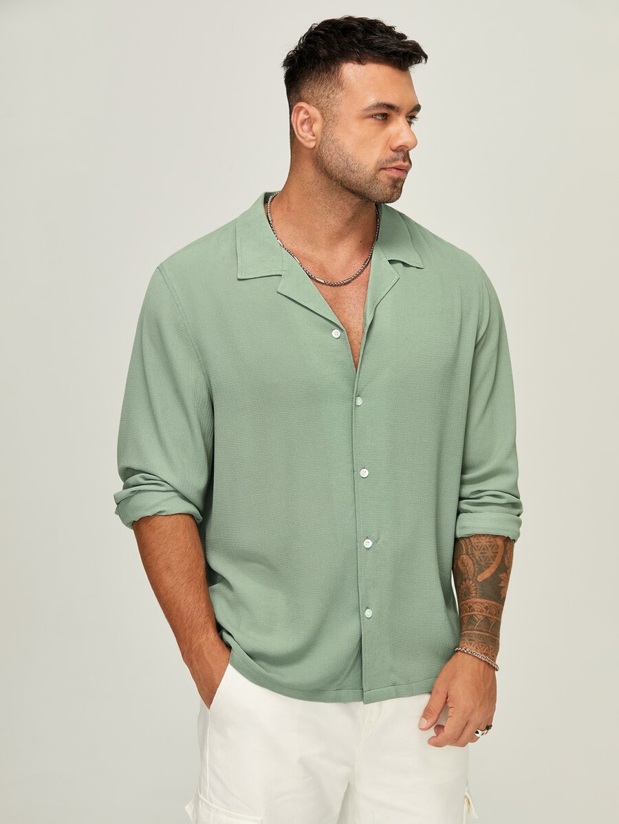 Manfinity NXTstreet Men Plus Lapel Collar Button Front Shirt - Mint Green - View 1
