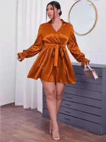 Plus Dalmatian Jacquard Flounce Sleeve Overlap Collar Belted Satin Dress - Brown - View 1