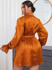 Plus Dalmatian Jacquard Flounce Sleeve Overlap Collar Belted Satin Dress - Brown - View 2