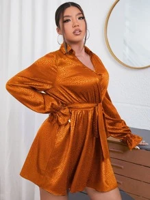 Plus Dalmatian Jacquard Flounce Sleeve Overlap Collar Belted Satin Dress - Brown - View 3