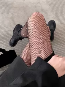Rhinestone Decor Fishnet Tights - Black - View 3