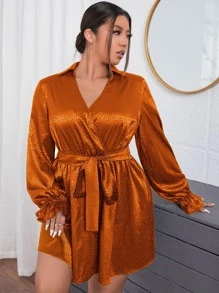 Plus Dalmatian Jacquard Flounce Sleeve Overlap Collar Belted Satin Dress - Brown - View 4