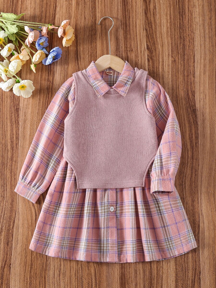 小女童不對稱下擺背心和格紋印花襯衫洋裝