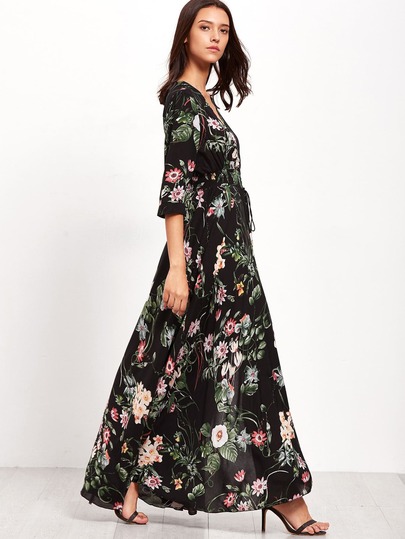 SHEIN Clasi Smocked Waist Button Through Floral Maxi Dress