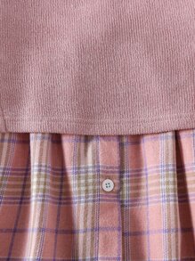 小女童不對稱下擺背心和格紋印花襯衫洋裝