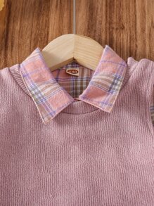 小女童不對稱下擺背心和格紋印花襯衫洋裝