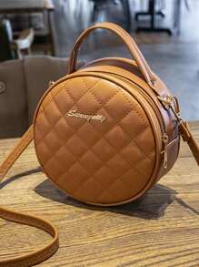 防水、輕巧、商務休閒迷你字母圖案絎縫圓形包適合青少年女大學生、菜鳥和白領，非常適合辦公室、大學、工作、商務、通勤 - 棕色 - 查看 1