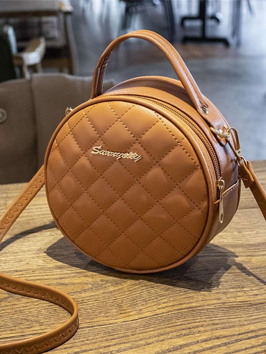 防水、輕巧、商務休閒迷你字母圖案絎縫圓形包適合青少年女大學生、菜鳥和白領，非常適合辦公室、大學、工作、商務、通勤 - 棕色 - 查看 1