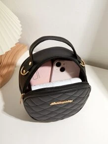 Túi tròn chần bông mini tối giản có khóa cài, ví đen có khe cắm đi làm thời trang, túi đeo vai thời trang tối giản 1 chiếc cho bé gái, túi tròn nhỏ thêu, túi đeo chéo vai tròn cổ điển thời trang đơn giản, túi tròn nhỏ thêu, túi đeo chéo có dây đeo vai in - màu đen - Xem 4