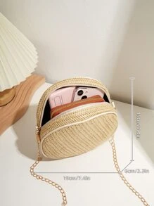 輕巧、經典、休閒的迷你天然編織草圓包,簡單優雅,適合青少女、女性大學生,非常適合校園、戶外、旅行、郊遊、購物、假期和萬聖節 - 米色 - 查看 3