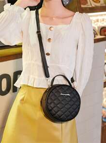 Túi tròn chần bông mini tối giản có khóa cài, ví đen có khe cắm đi làm thời trang, túi đeo vai thời trang tối giản 1 chiếc cho bé gái, túi tròn nhỏ thêu, túi đeo chéo vai tròn cổ điển thời trang đơn giản, túi tròn nhỏ thêu, túi đeo chéo có dây đeo vai in - màu đen - Xem 5