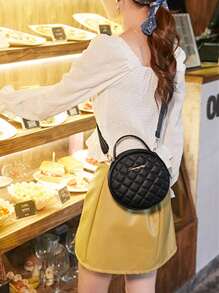 Túi tròn chần bông mini tối giản có khóa cài, ví đen có khe cắm đi làm thời trang, túi đeo vai thời trang tối giản 1 chiếc cho bé gái, túi tròn nhỏ thêu, túi đeo chéo vai tròn cổ điển thời trang đơn giản, túi tròn nhỏ thêu, túi đeo chéo có dây đeo vai in - màu đen - Xem 6