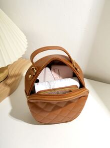 防水、輕巧、商務休閒迷你字母圖案絎縫圓形包適合青少年女大學生、菜鳥和白領，非常適合辦公室、大學、工作、商務、通勤 - 棕色 - 查看 5