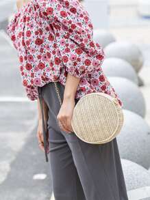 輕巧、經典、休閒的迷你天然編織草圓包,簡單優雅,適合青少女、女性大學生,非常適合校園、戶外、旅行、郊遊、購物、假期和萬聖節 - 米色 - 查看 4