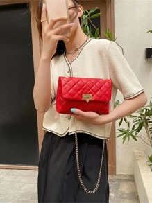 1pc Colorful Contrast Knit Material Magnetic Closure Bohemian Style Niche Luxury Women's Diagonal Shoulder Tote Bag - Red - View 4