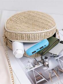 輕巧、經典、休閒的迷你天然編織草圓包,簡單優雅,適合青少女、女性大學生,非常適合校園、戶外、旅行、郊遊、購物、假期和萬聖節 - 米色 - 查看 5