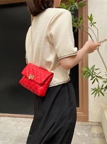 1pc Colorful Contrast Knit Material Magnetic Closure Bohemian Style Niche Luxury Women's Diagonal Shoulder Tote Bag - Red - View 5