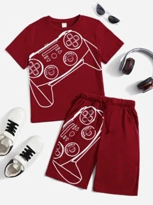 SHEIN Boys Graphic Print Tee & Track Shorts Set - Burgundy - View 1
